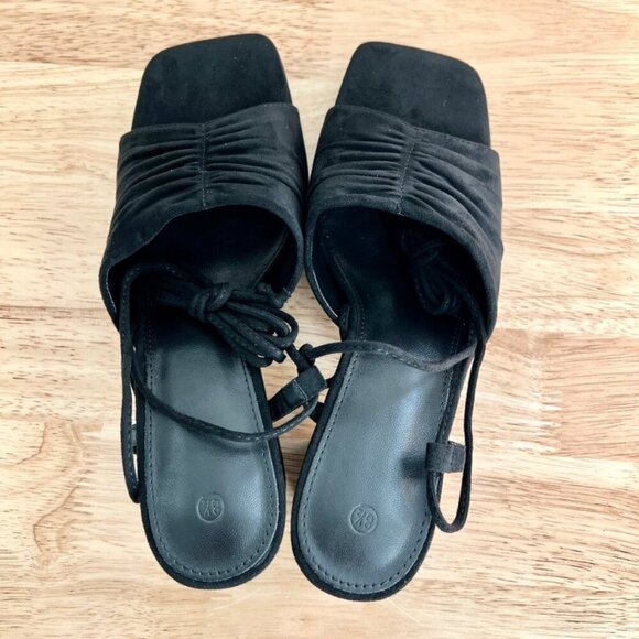 Women's 8 (US) Black Ruched Faux Suede Lace Up Strappy Block Heel Mule Sandals - Picture 6 of 8